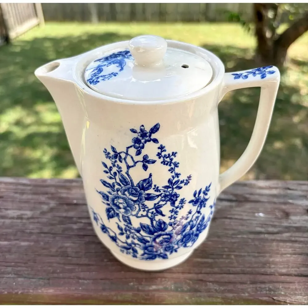 Vintage Circle M Japan Ceramic Electric Teapot Kettle Blue Floral NO CORD